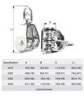 Beefy Heavy Duty Stainless Steel Double Pulley Block With Swivel Wheel For Lifting, 304 Grade, M32 Rope Fit, 9mm Rope Compatible, Waterproof And Rustproof, Great For Hoists, Ceiling Rigs, And DIY Lifts. M32 stainless steel double pulley block with size chart