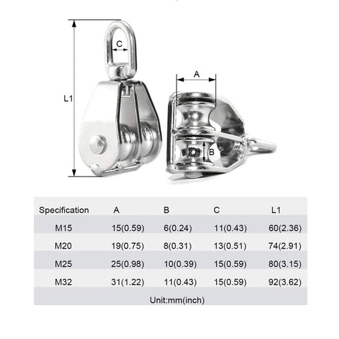 Beefy Heavy Duty Stainless Steel Double Pulley Block With Swivel Wheel For Lifting, 304 Grade, M32 Rope Fit, 9mm Rope Compatible, Waterproof And Rustproof, Great For Hoists, Ceiling Rigs, And DIY Lifts. M32 stainless steel double pulley block with size chart