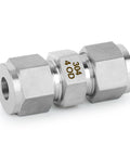 Front view of a 304 stainless steel compression tube straight adapter, 4mm tube OD x 4mm OD