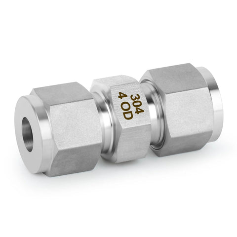 Front view of a 304 stainless steel compression tube straight adapter, 4mm tube OD x 4mm OD