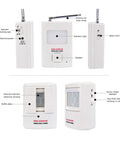 Dog Barking Alarm Motion Detector Doorbell With PIR Wireless Sensor And Receiver, front and side view of devices, white