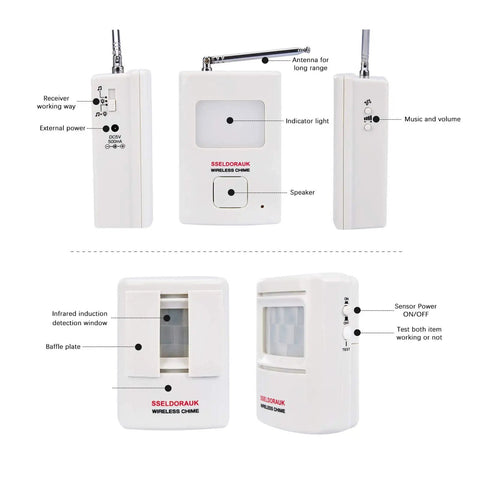Wireless Dog Bark Alarm Motion Sensor Doorbell With PIR Body Detection for Home or Office showing sensor and receivers