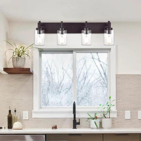 Oil Rubbed Bronze Three Light Vanity Fixture With Rustic Wall Sconces And Clear Glass Shades For Bathroom Hallway Porch Or Bedroom