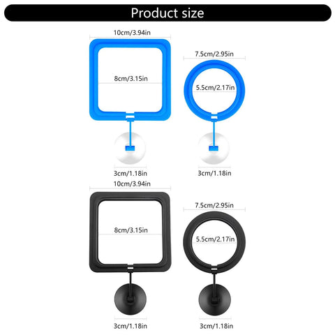 Floating Plant Holder Rings for Fish Tanks Set of 6, Round and Square Fish Food Rings to Protect Plants, Keep Feeding Area Clean, Prevent Plants From Being Sucked Away, and Improve Water Quality in Home Aquariums. Size chart showing black and blue 10cm square and 7.5cm round rings