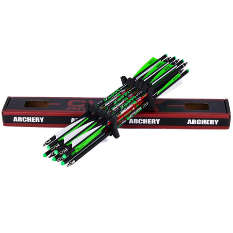 Carbon Crossbow Bolts 20 Inch Arrows Set, 12 Pack With 6 Broadheads, Interchangeable Tips, O Ring Locking Screw Tip displayed on box