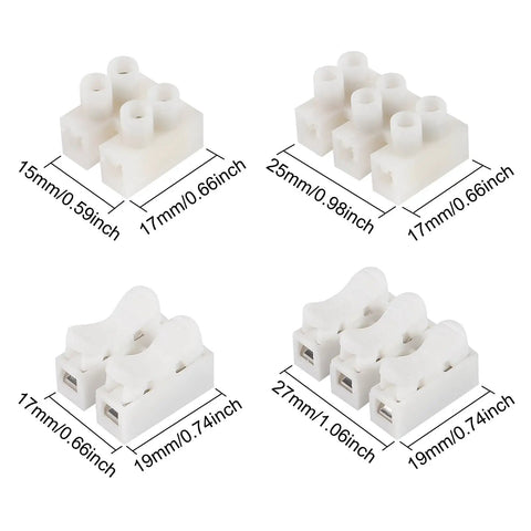 100 Piece Wire Connectors Kit With Plug And Play Quick Terminals For DIY Electronics And LED Strips, dimensions shown