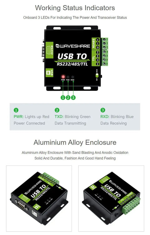 Rugged USB To RS232 RS485 TTL Isolated Converter With FT232RL Protection Aluminum Enclosure Built For Tough Industrial Control Panels And Equipment In Harsh Environments, aluminum