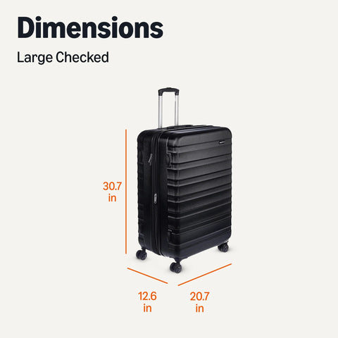 Front view of Amazon Basics 30-inch black hardside checked luggage with four spinner wheels