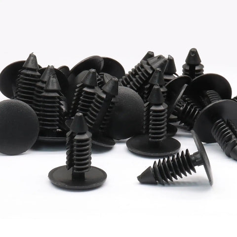 Built Tough Plastic Push Rivet Clips For Auto Bumper Fender Trim Panels Universal Seven Millimeter Snap Fit No Sweat Install Rock Solid Hold Durable Black Two Hundred Pack scattered on white background.