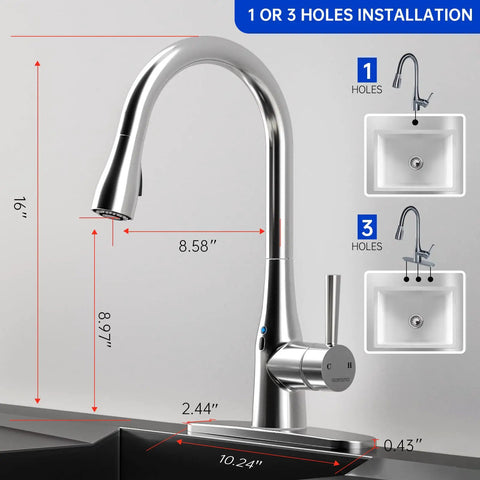 Touchless Kitchen Faucet With Pull Down Sprayer, Motion Sensor Hands Free, Lead Free 304 Stainless Steel, Chrome Finish, Fits 1 or 3 Hole Sinks