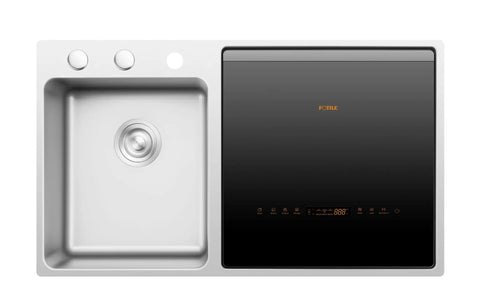 Compact 3 In 1 In Sink Dishwasher With Build In Produce Washer And Pasteurizer Boasting 360 Degree Rotary Spray Child Proof Controls and Energy Smart Cycles For A Straight Up Kitchen Flex That Keeps Your Counter Crisp And Fresh Daily, stainless steel design, with sink and control panel.