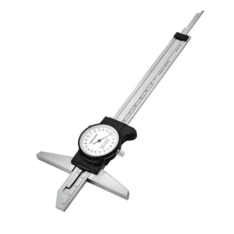Pro Grade Depth Caliper With Gauge 0 to 150 and 200 mm, 0.02 mm Precision Depth Dial Caliper shown front view