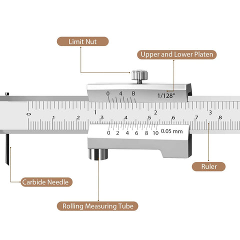Heavy Duty 8 Inch Stainless Steel Scriber Caliper With Raw Hardened Carbide Scribe Needles For Laser Sharp Layout Marking On Metal Wood Plastic Shop Grade Machinist Gauge showing limit nut and rolling measuring tube.