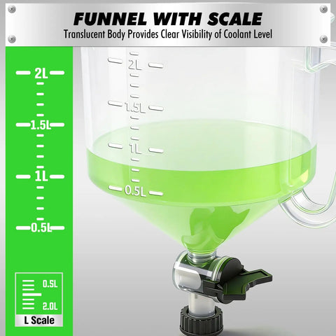 Shop Grade 18 Piece No Mess Coolant Funnel Kit With Universal Adapters, clear funnel showing coolant level, measuring scale.