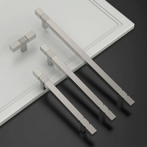 10 Pack Brushed Satin Nickel Kitchen Cabinet Pulls T Bar Style Drawer Handles For Cabinets Cupboards 7.5 Inch Hole Centers Model ZH0021 Durable Metal Construction With Easy Mounting For A Fresh Kitchen Upgrade displayed on board