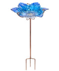 Glass Flower Pattern Bird Bath With Metal Stake For Outdoor Garden Yard Lawn Decor Blue Glass Bird Feeder Bowl Attracts Birds For Bathing And Adds Colorful Charm.