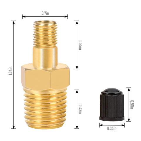Top Shelf 4 Pack 1/4 Inch NPT Male Thread Brass Tank Valve With Standard Valve Core And Sealing Caps For Air Compressor Inflation Vessel Filling Solid Brass Build Keeps Airtight No Leaky Junk, detailed size dimensions shown.