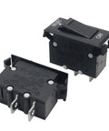 No Sweat Black Rocker Switch Circuit Breaker With 10 Amp Overload Protector Trip Free Reset Function showing two black switches.