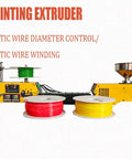 High Precision 3D Print Filament Extruder With Auto Coil Winder And 400C Max Heat For 1.75Mm Plastic Recycling And Automatic Spooling, showcasing red, green, and yellow filament reels on a workstation.
