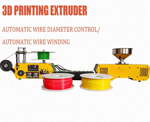 High Precision 3D Print Filament Extruder With Auto Coil Winder And 400C Max Heat For 1.75Mm Plastic Recycling And Automatic Spooling, showcasing red, green, and yellow filament reels on a workstation.