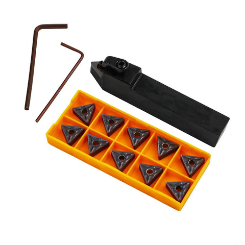 Lathe Turning Tool Holder Set With Carbide Inserts 16mm Shank Right Hand CNC Cutter, 10 inserts, 2 wrenches shown on white background