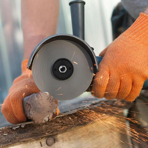 Angle grinder in use with 2 Pack M14 And 5/8-11 Thread Angle Grinder Flange Nuts With Quick Release Locking Nut for cutting wood