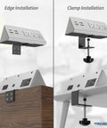 Slick Desk Edge Mount Power Strip Boasting Fast USB-C Charging, installation options shown, edge and clamp, white color.