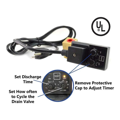 Easy Install Timed Electric Auto Drain Valve For Air Lines One Quarter Inch NPT 110V With Solid State Timer shown with UL mark