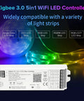 5 In 1 Tuya Zigbee 3.0 LED Controller with dimming CCT RGB RGBW RGBCCT PWM strips, showing compatibility with various LED types.