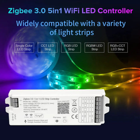 5 In 1 Tuya Zigbee 3.0 LED Controller with dimming CCT RGB RGBW RGBCCT PWM strips, showing compatibility with various LED types.