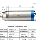 Heavy Duty Cnc Spindle Motor With Water Cooled Design And Er25 Chuck 5.5 Kw Power, stainless steel construction, dimensions 125x320mm.
