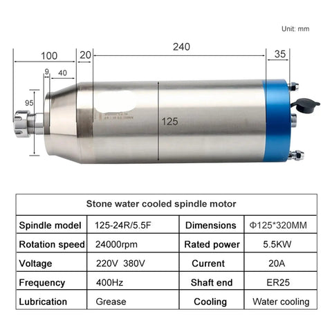 Heavy Duty Cnc Spindle Motor With Water Cooled Design And Er25 Chuck 5.5 Kw Power, stainless steel construction, dimensions 125x320mm.