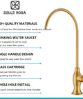 Brushed Gold Drinking Water Faucet For Under Sink RO System, Stainless Steel Filter Faucet With Quick Connectors, Top Notch Commercial Grade, Deep Gold Finish, Easy Mount And Hardware Included, shown with specifications and features.
