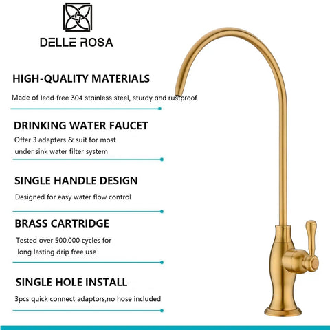 Brushed Gold Drinking Water Faucet For Under Sink RO System, Stainless Steel Filter Faucet With Quick Connectors, Top Notch Commercial Grade, Deep Gold Finish, Easy Mount And Hardware Included, shown with specifications and features.