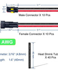 Diagram of 14 Gauge 2 Pin Waterproof Wire Connectors Kit showing male and female connectors with dimensions and heat shrink tubing.