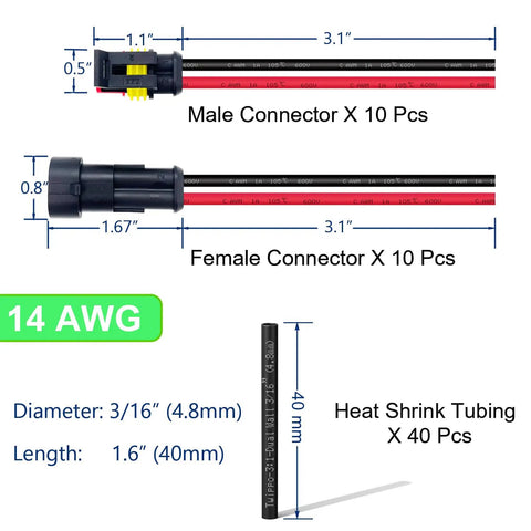 Diagram of 14 Gauge 2 Pin Waterproof Wire Connectors Kit showing male and female connectors with dimensions and heat shrink tubing.