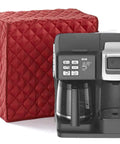 Red Waterproof Coffee Maker Cover For Keurig Single Serve Brewers next to a coffee machine, fits 12.5x12x14 inch machines.