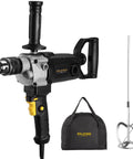 Beast Mode 10 Amp Corded Drill Mixer Kit With Five Eighth Inch Chuck Spade Handle, bag, and mixer attachment on white background
