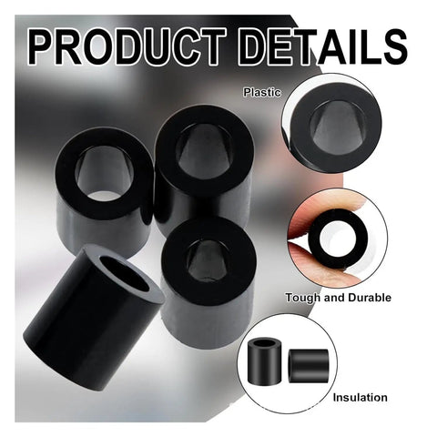 345Pcs M3 Black Nylon Insulating Washers NonThreaded Round Flat Spacers For Power Sockets And Circuit Boards close-up plastic insulation rings
