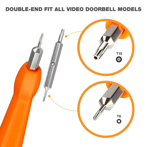 Must Have All In One Video Doorbell Screwdriver Bit Set For Battery And WiFi Access Fits All Video Doorbell Models Double Head Torx T6 And T15 For Quick DIY Install Replacement Tool Orange showing T6 and T15 torx heads.