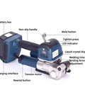 Heavy Duty Electric Strapping Machine DD19A For PET Plastic And Steel Belt, showing battery box, non-slip handle, and various buttons.