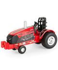 Red Menace One Sixty Fourth Scale Pulling Tractor With Pickup Truck And Trailer Set diecast tractor with rubber tires and decals.
