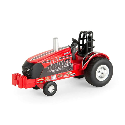 Red Menace One Sixty Fourth Scale Pulling Tractor With Pickup Truck And Trailer Set diecast tractor with rubber tires and decals.