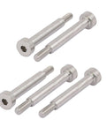 Five Pack Of 304 Stainless Steel Hex Socket Shoulder Bolts 5mm Shoulder Diameter 30mm Shoulder Length M4 Threads Fully Threaded Silver Tone Built Tough Beefy Hardware displayed on white background
