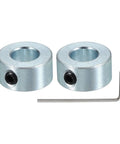 Two Pack Carbon Steel Shaft Collar Bore Five Sixteenth Inch With Five Eighths Inch Outer Diameter And Five Sixteenth Inch Thick Zinc Plated With M4 Set Screws And Wrench For Machine Tool Applications. Two zinc-plated shaft collars with wrench.