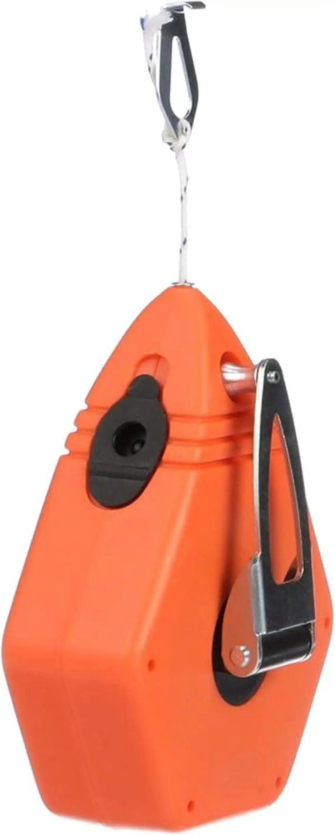 Octagonal Chalk Line Reel with heavy duty steel crank and 100 foot line, featuring 1.5 mm string and self sealing grommet, orange body.