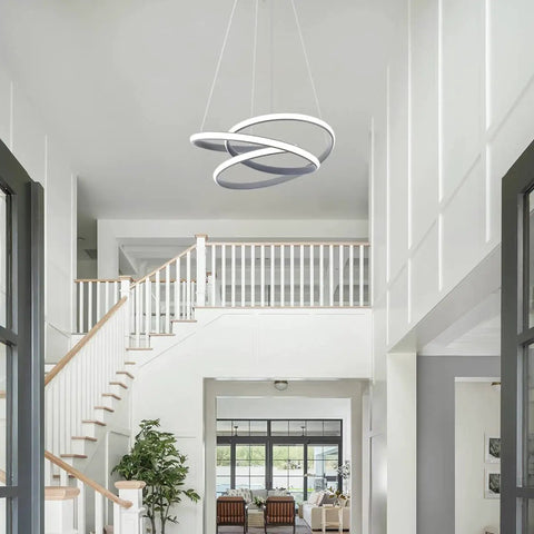 Dope LED Chandelier Pendant With Remote, Dimmable 3000K-6000K Spiral Acrylic Light for high ceilings shown in modern hall
