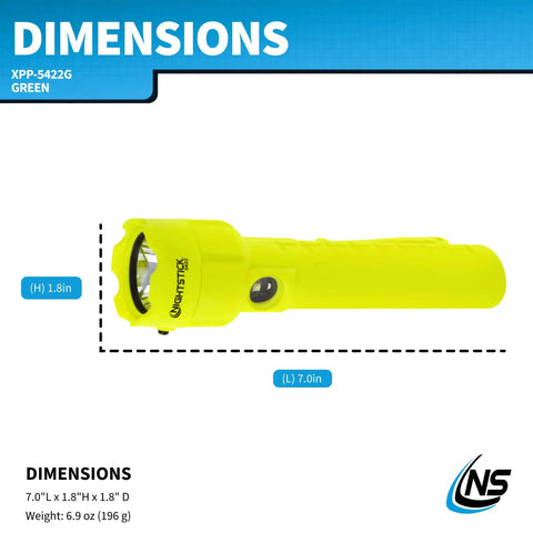 Intrinsically Safe Permissible Dual-Light Flashlight With 160 Lumen Beam And 130 Lumen Flood, 260 Lumen Dual-Light Power, 170 Meter Beam, MSHA ETL Listed, Green, 3 AA Battery Operated, Built Tough Polymer Housing, 7.0 x 1.8 dimensions