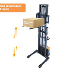 Apollo 3300 Lb Capacity Full Electric Stacker with a lift height of 98 inches, lifting a box in a warehouse.