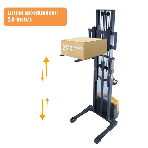 Apollo 3300 Lb Capacity Full Electric Stacker with a lift height of 98 inches, lifting a box in a warehouse.